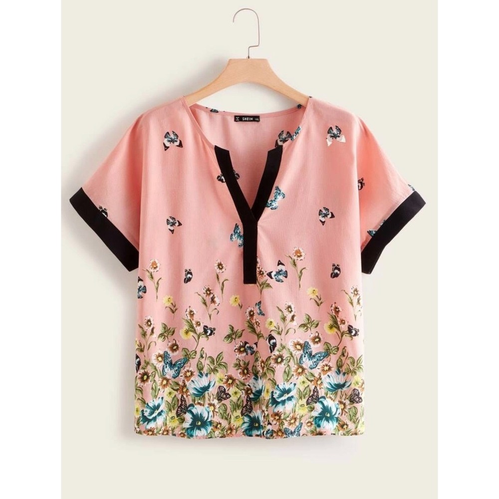 SHEIN Pink Floral Butterfly Chiffon Blouse Split V-Neck Short Sleeve 0XL Plus